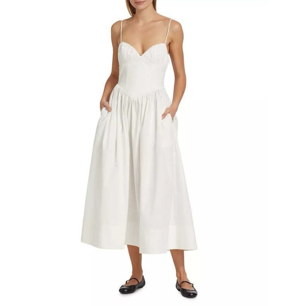 Torn By Ronny Kobo Carmine Dress Women Medium White Ivory Poplin Ribbed Midi